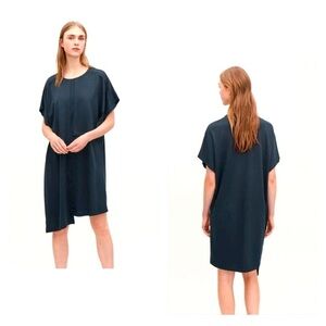 COS Dress With Topstitches Cotton Blend Asymmetrical Shape Navy EUR S (US 6)